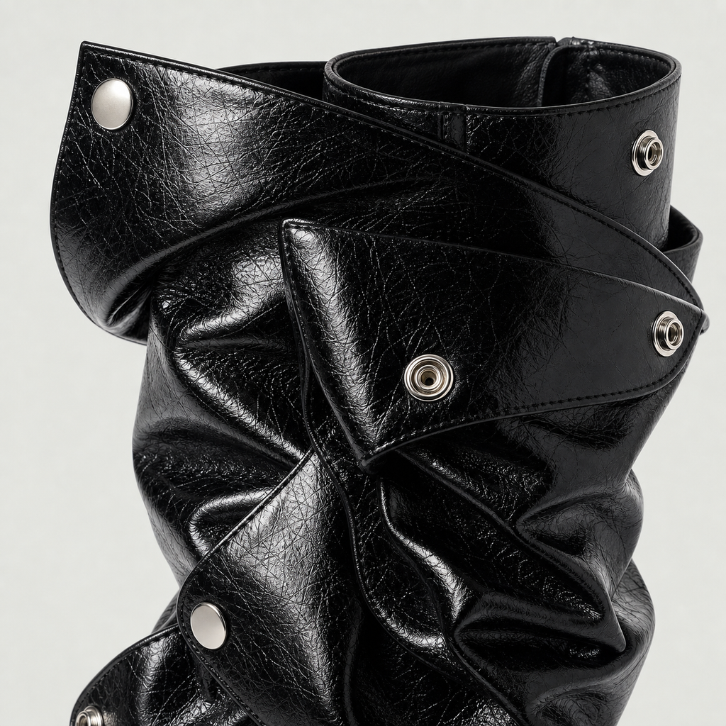 Black Crinkle Snap Panel Boot material entry detail image, Yardlow & Sons women's boots