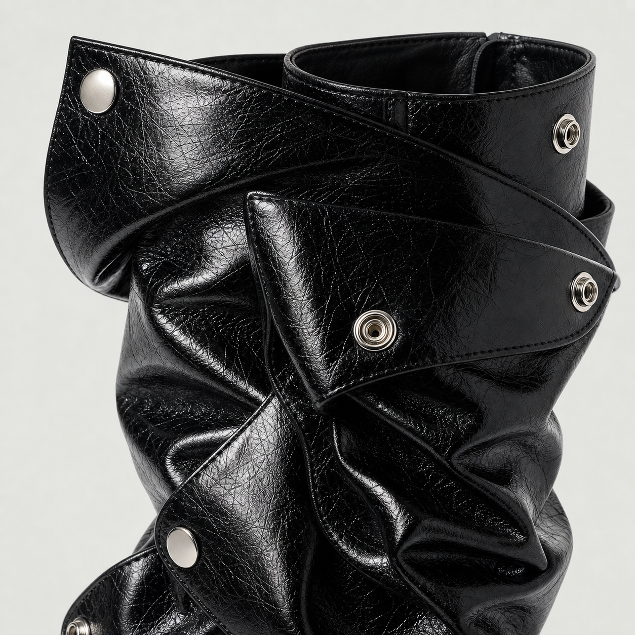 Black Crinkle Snap Panel Boot material entry detail image, Yardlow & Sons women's boots