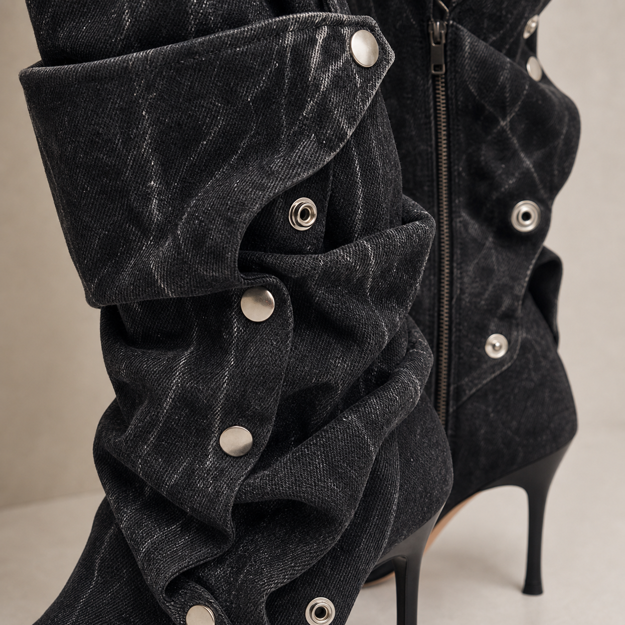 Black Denim Snap Panel Boot material entry detail image, Yardlow & Sons women's boots