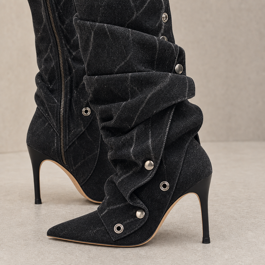 Black Denim Snap Panel Boot heel sole walkability image, Yardlow & Sons women's boots