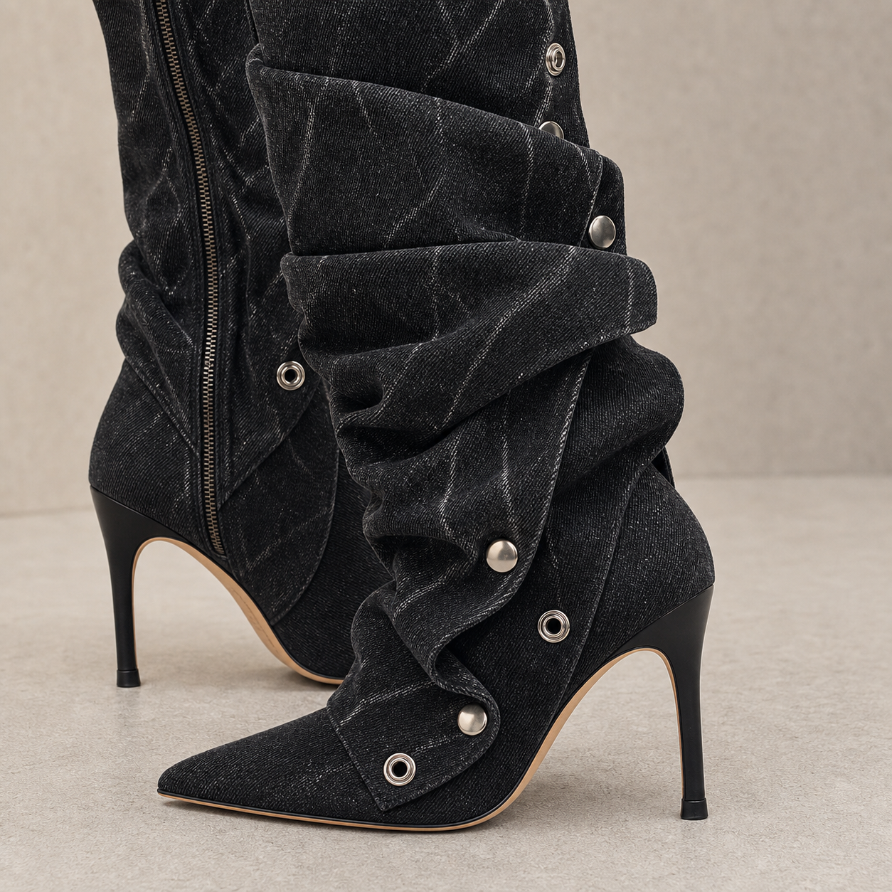 Black Denim Snap Panel Boot heel sole walkability image, Yardlow & Sons women's boots