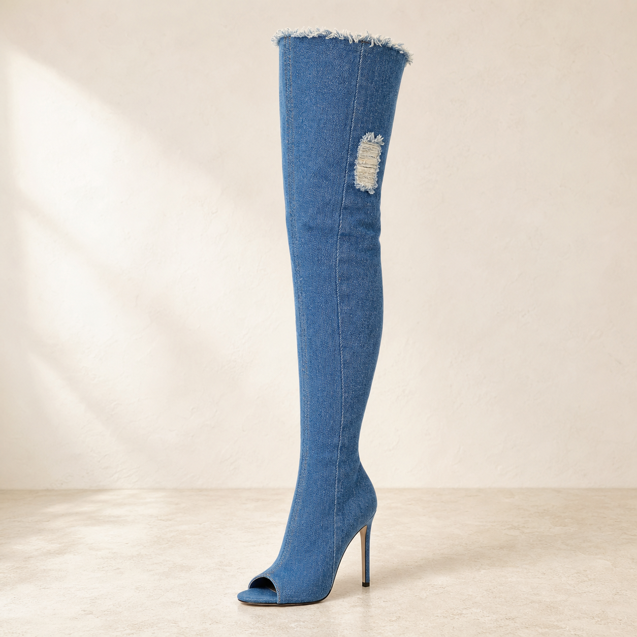 Blue Peep-Toe Denim OTK Boot product profile image, Yardlow & Sons women's boots
