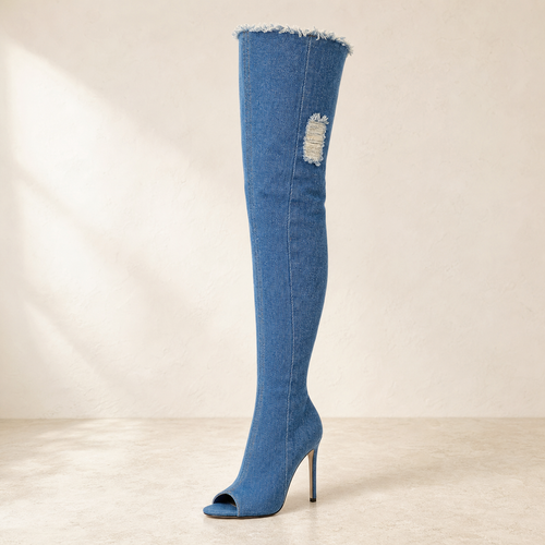 Blue Peep-Toe Denim OTK Boot product profile image, Yardlow & Sons women's boots