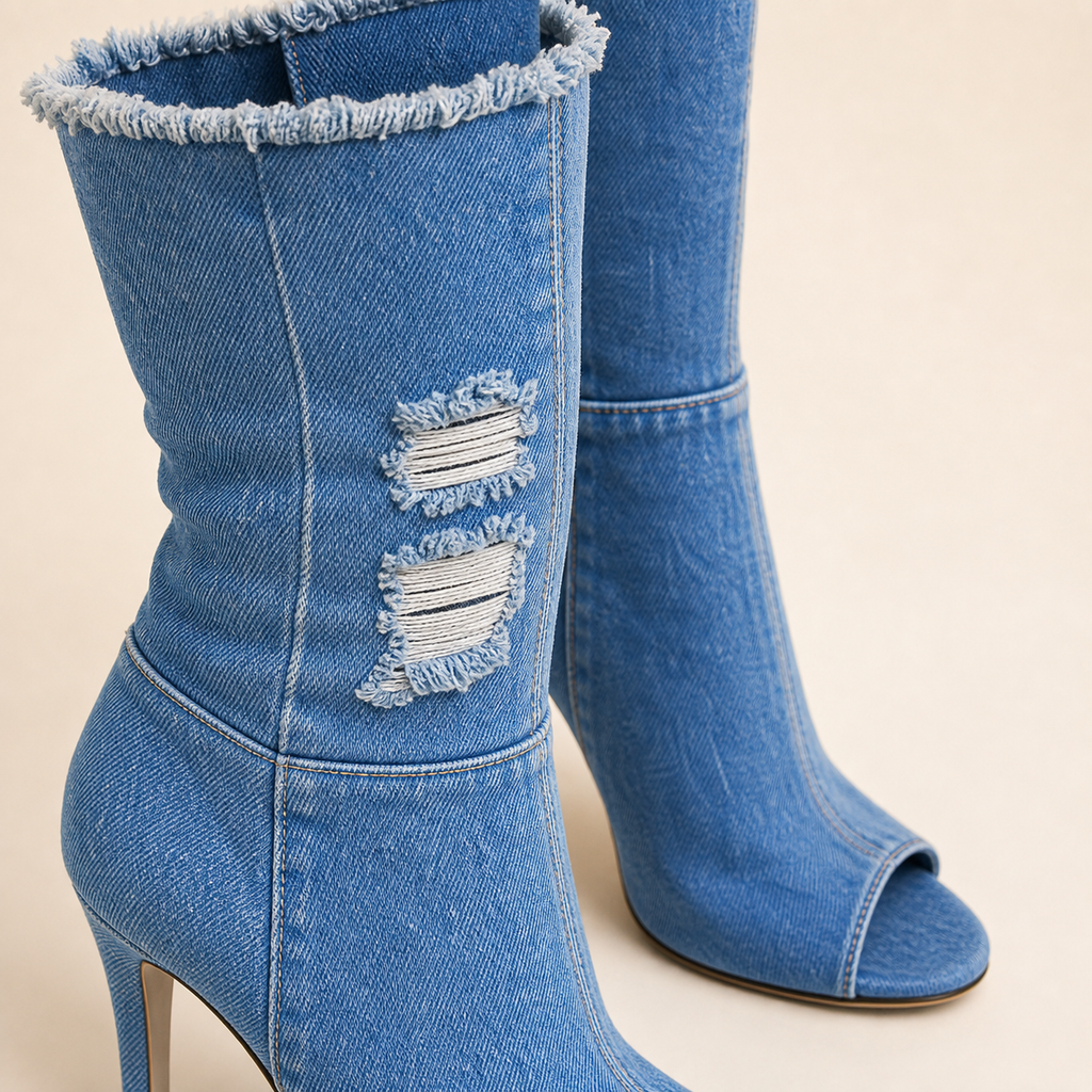 Blue Peep-Toe Denim OTK Boot material entry detail image, Yardlow & Sons women's boots