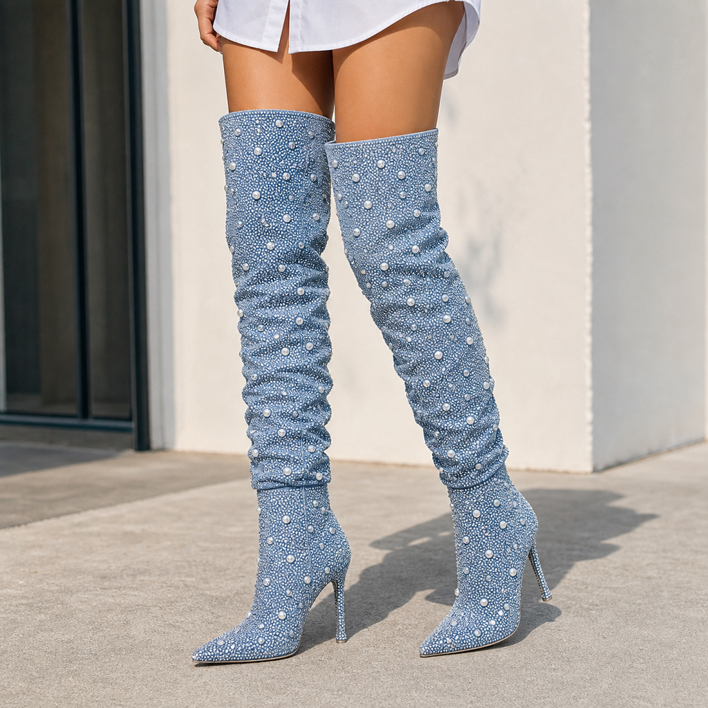 Custom Denim Over-Knee Stiletto Boot on leg editorial fit image, Yardlow & Sons women's boots