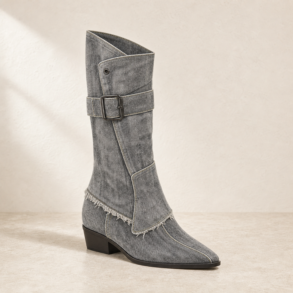 Grey 3D Denim Buckle Boot product profile image, Yardlow & Sons women's boots