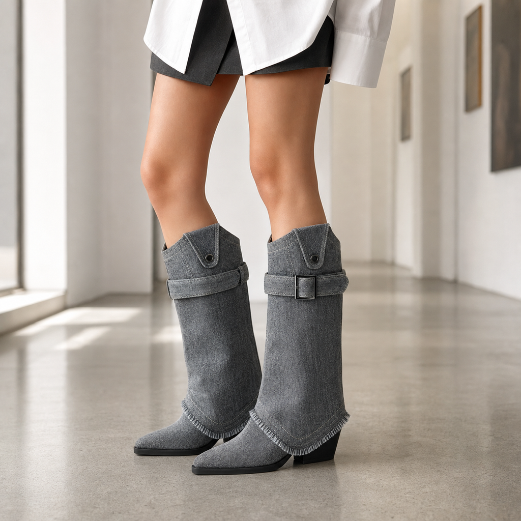Grey 3D Denim Buckle Boot on leg editorial fit image, Yardlow & Sons women's boots