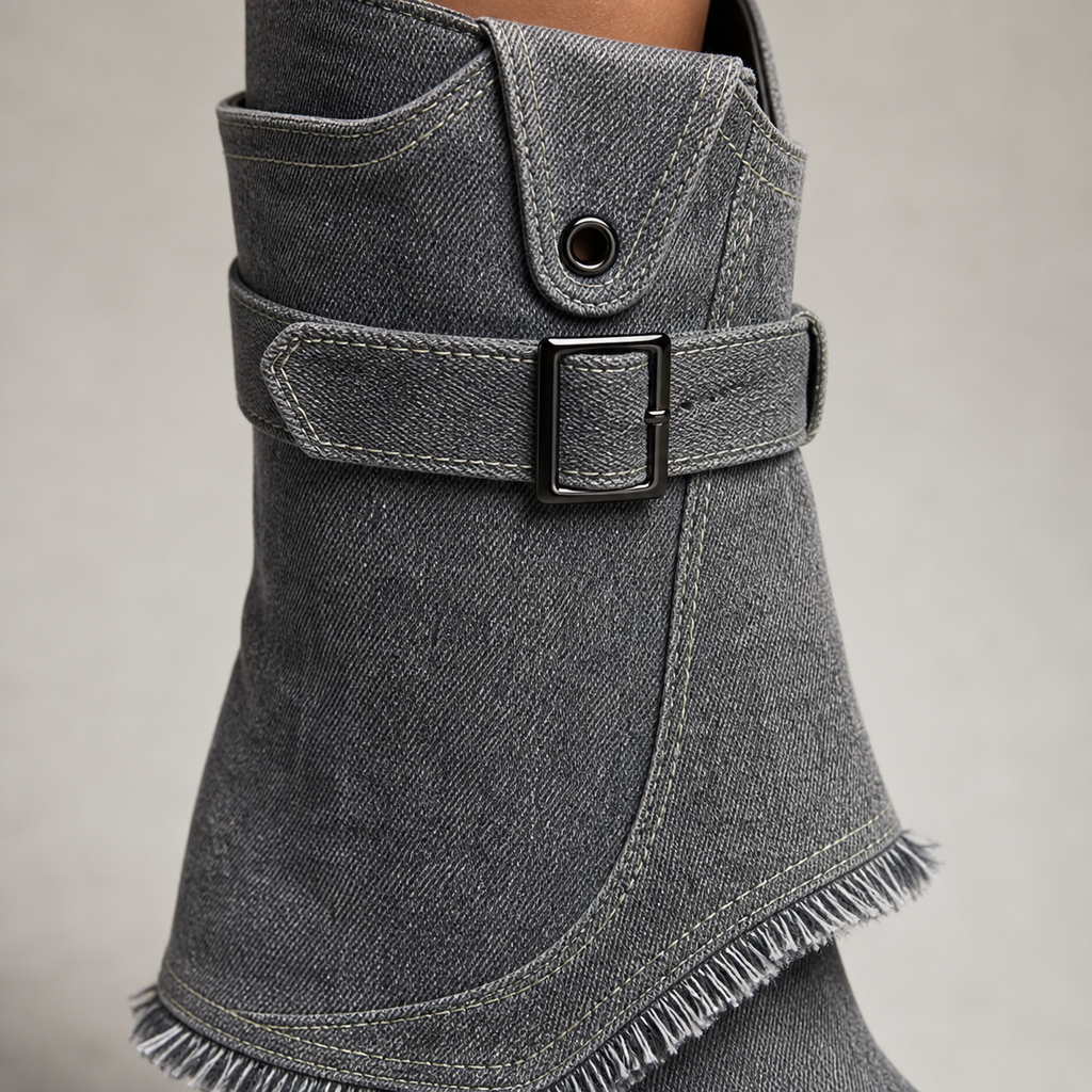 Grey 3D Denim Buckle Boot material entry detail image, Yardlow & Sons women's boots