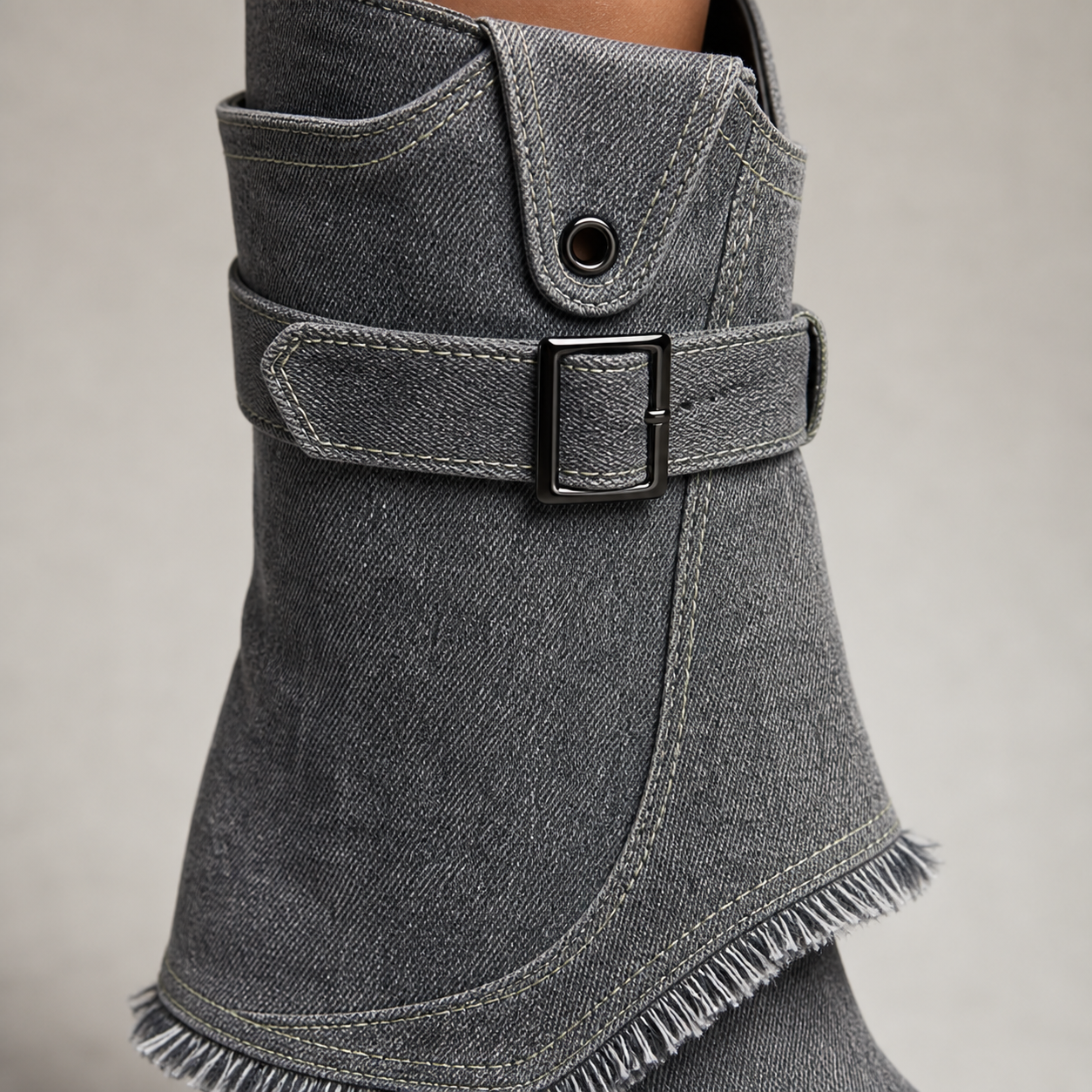 Grey 3D Denim Buckle Boot material entry detail image, Yardlow & Sons women's boots