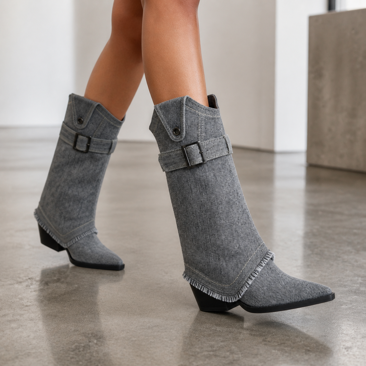 Grey 3D Denim Buckle Boot heel sole walkability image, Yardlow & Sons women's boots