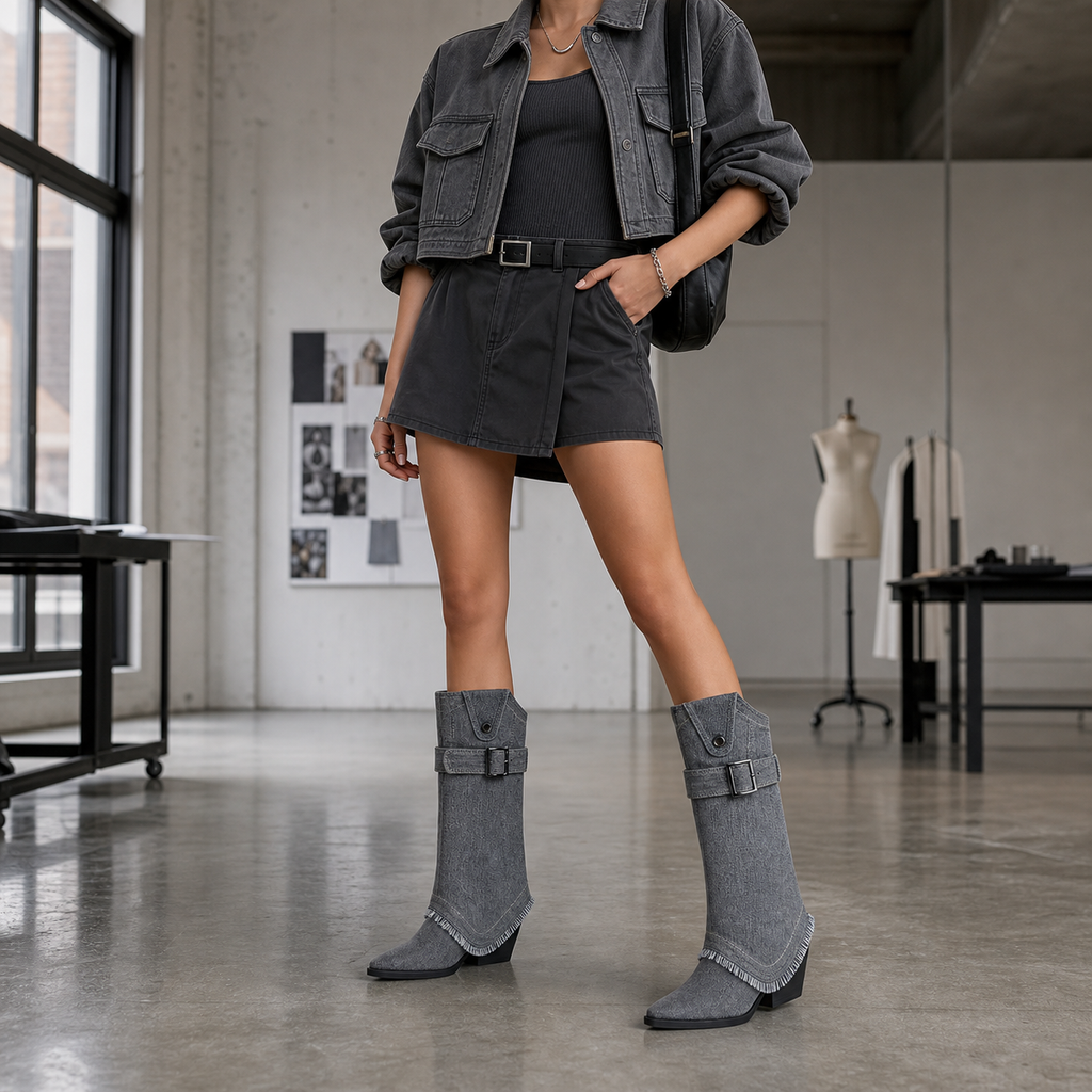 Grey 3D Denim Buckle Boot stylist outfit scene image, Yardlow & Sons women's boots