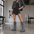 Grey 3D Denim Buckle Boot stylist outfit scene image, Yardlow & Sons women's boots