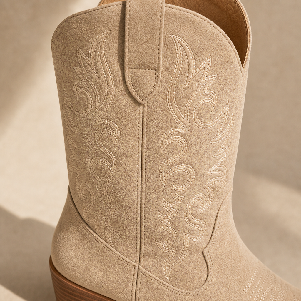 Luna Embroidered Cowboy Boot material entry detail image, Yardlow & Sons women's boots
