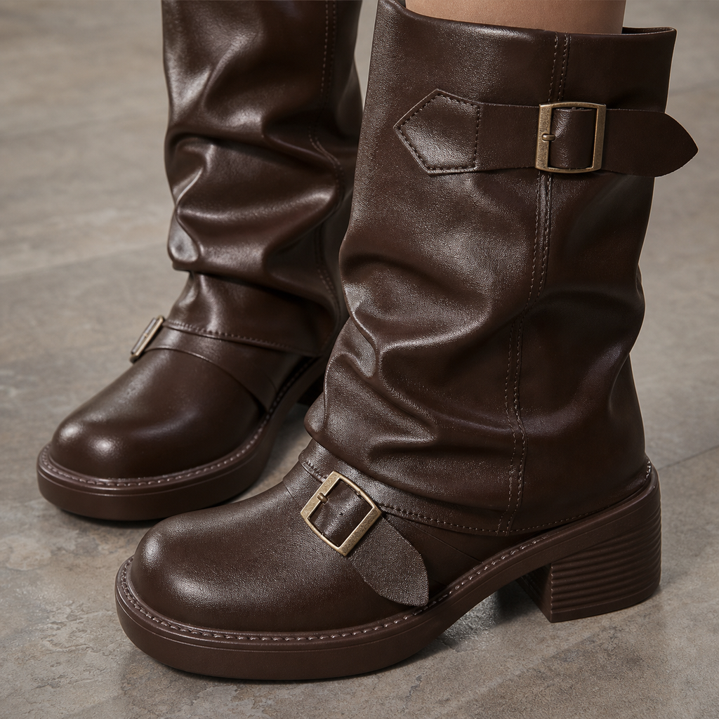 Noir Buckle Moto Boot material entry detail image, Yardlow & Sons women's boots
