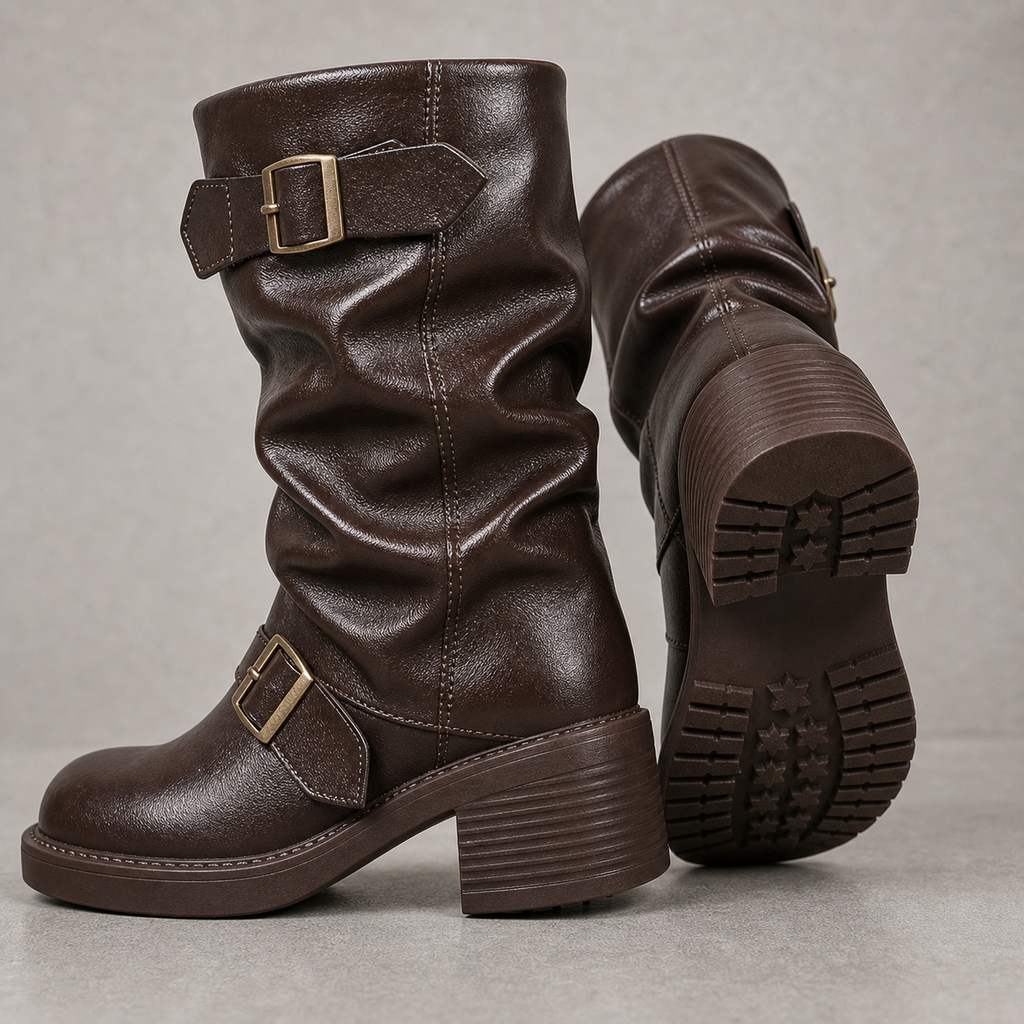 Noir Buckle Moto Boot heel sole walkability image, Yardlow & Sons women's boots