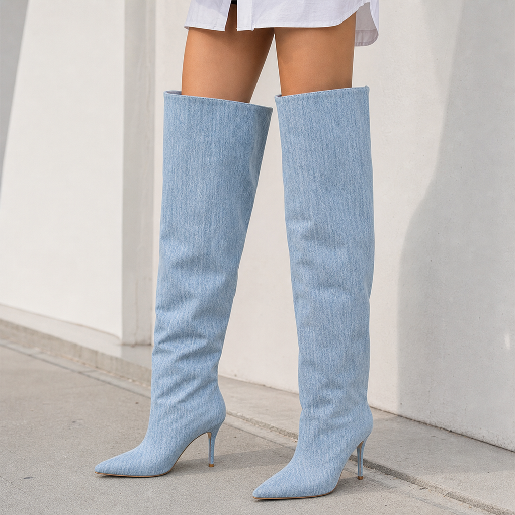 Oversized Denim Thigh-High Boot on leg editorial fit image, Yardlow & Sons women's boots