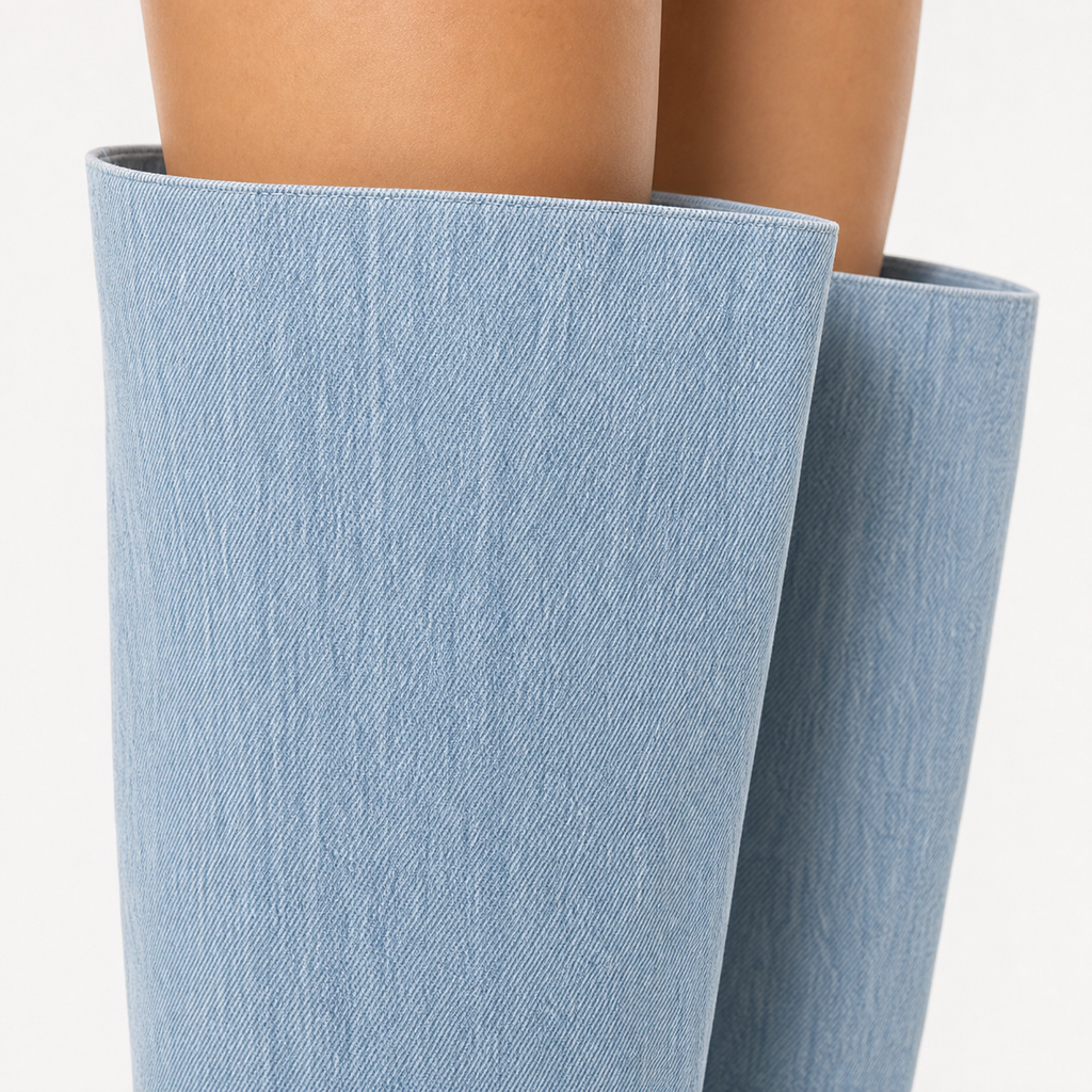 Oversized Denim Thigh-High Boot material entry detail image, Yardlow & Sons women's boots