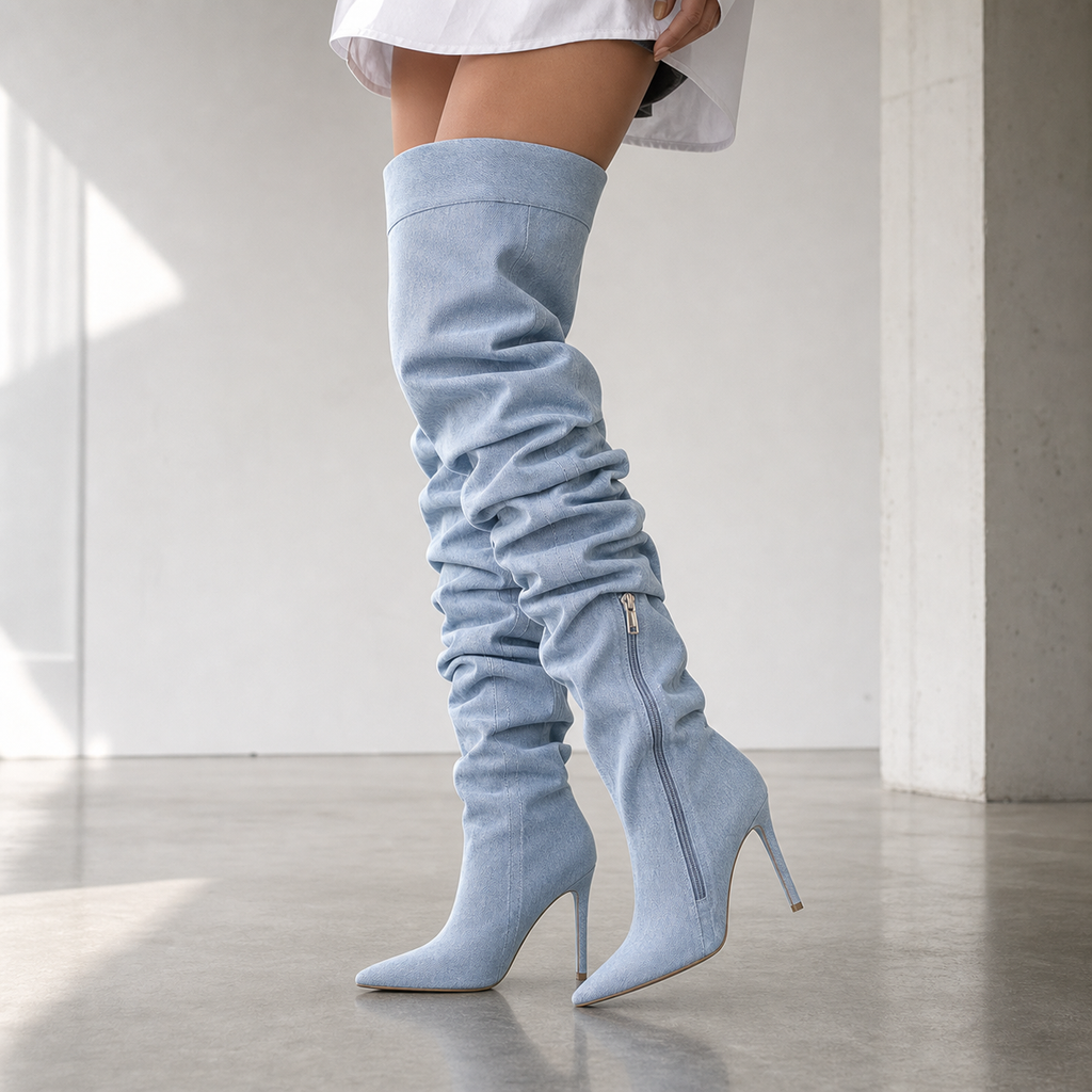 Pleated Over-Knee Pointed Boot on leg editorial fit image, Yardlow & Sons women's boots