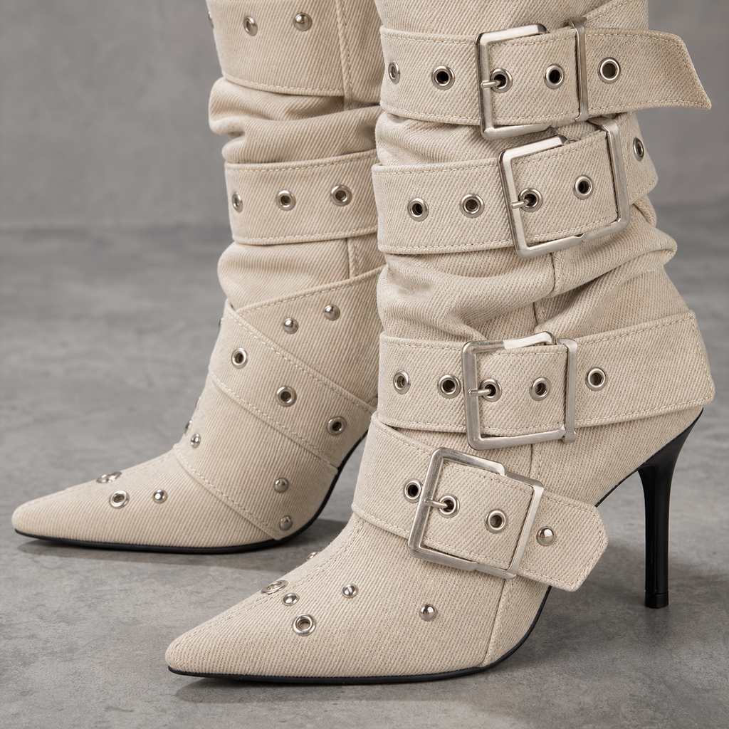 Punk Denim Buckle Ankle Boot material entry detail image, Yardlow & Sons women's boots