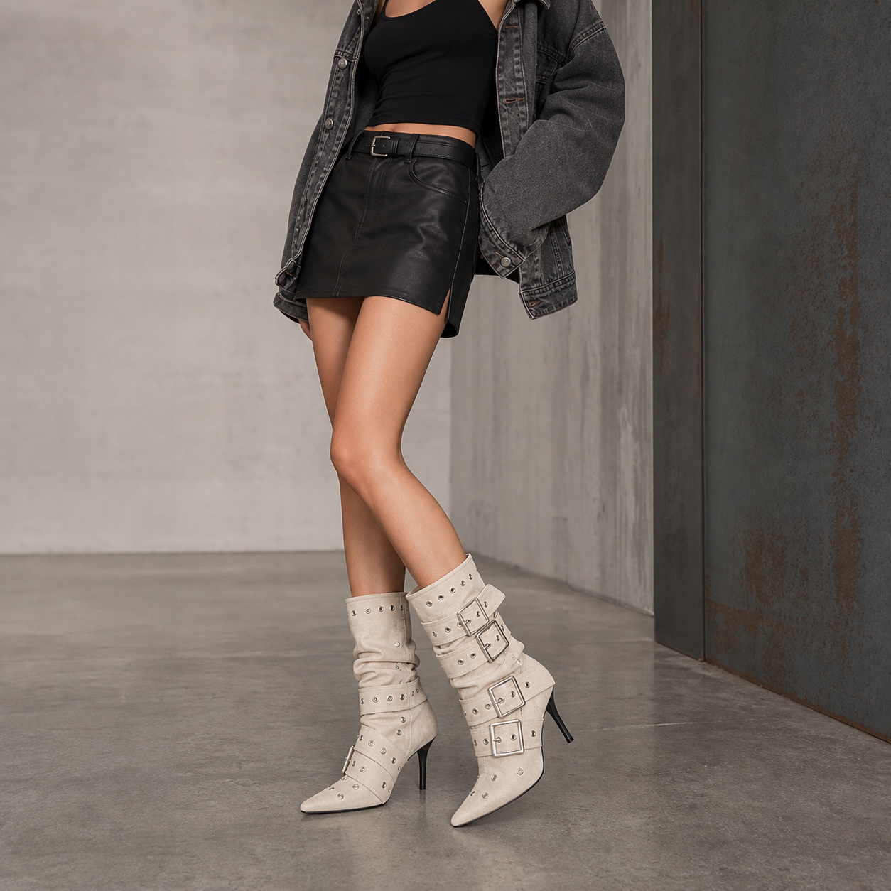 Punk Denim Buckle Ankle Boot stylist outfit scene image, Yardlow & Sons women's boots