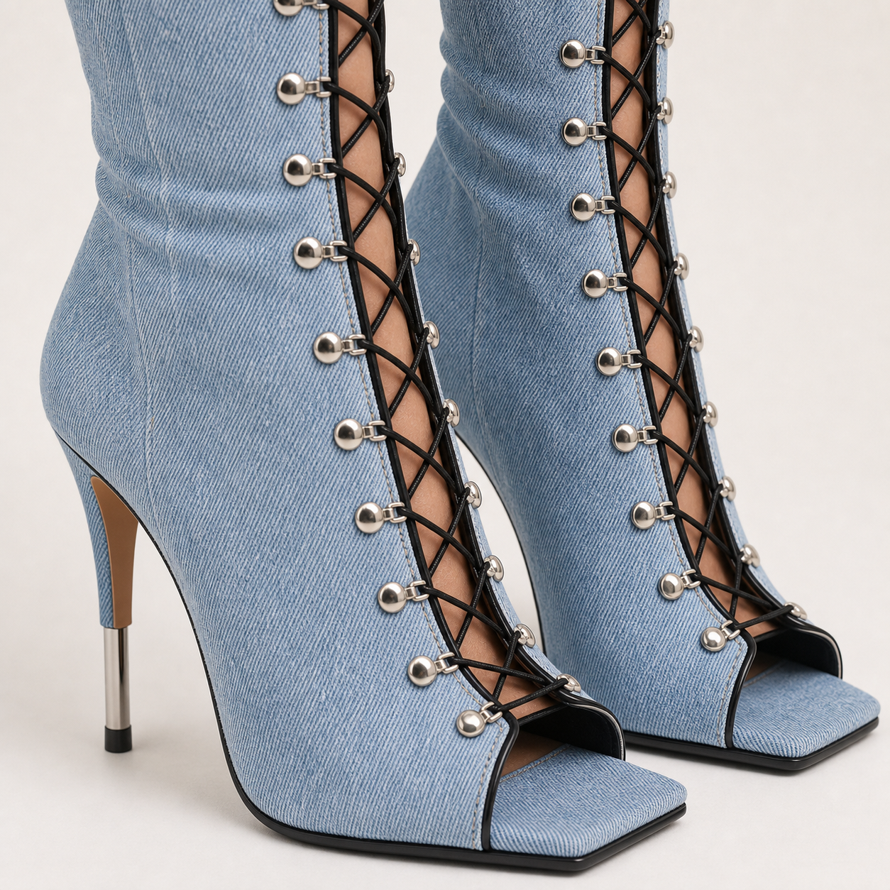 Square Peep-Toe Lace-Up Denim Boot material entry detail image, Yardlow & Sons women's boots