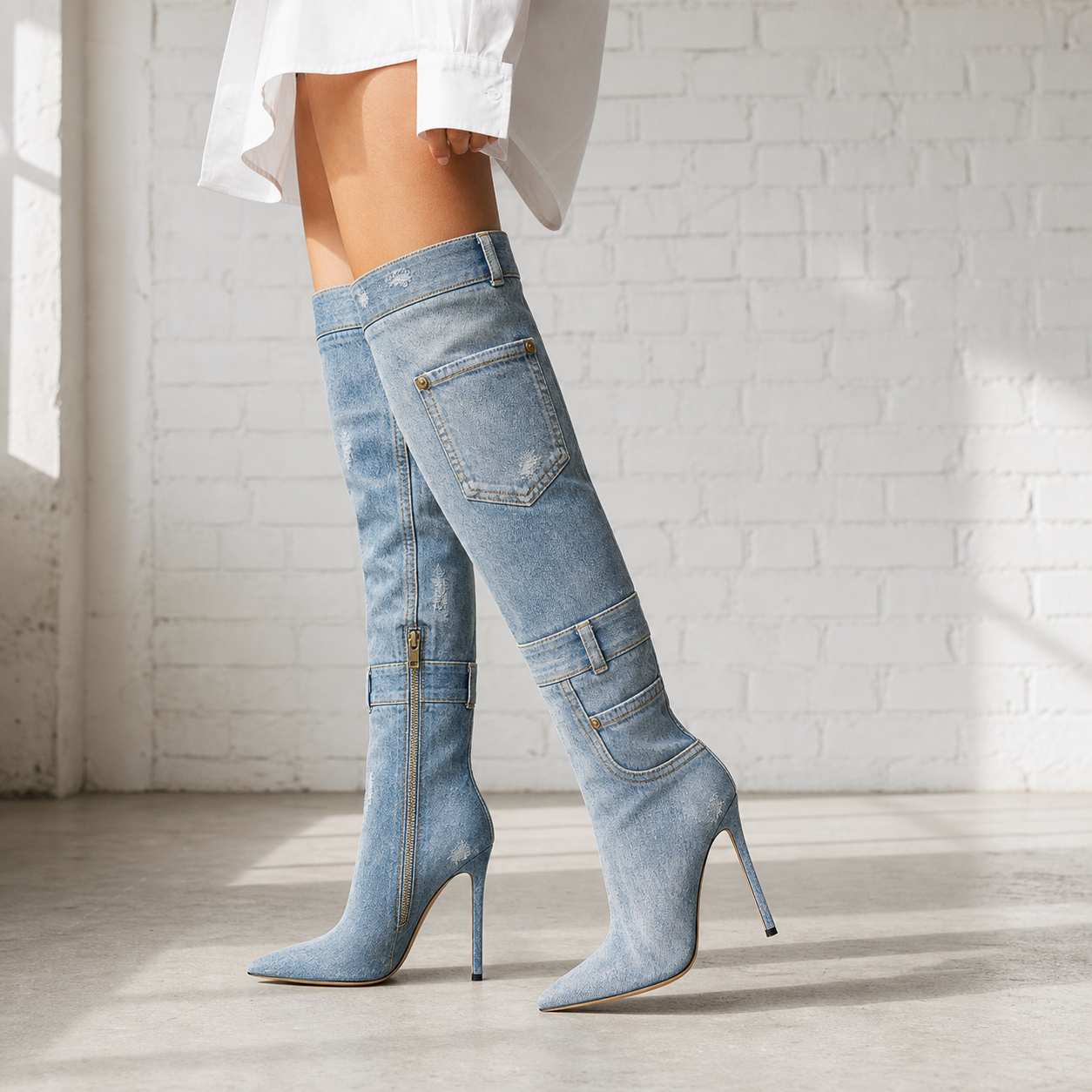Worn Denim Over-Knee Stiletto Boot on leg editorial fit image, Yardlow & Sons women's boots