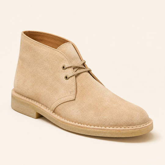 The Atelier sand suede chukka — handmade leather desert boot, casual heritage