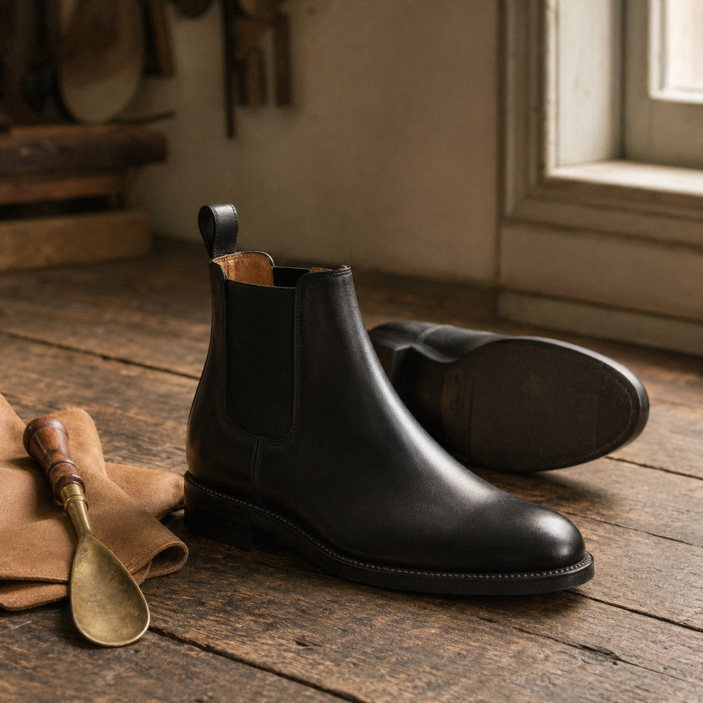 The Hampton black chelsea boot — handmade welted leather, dress and casual