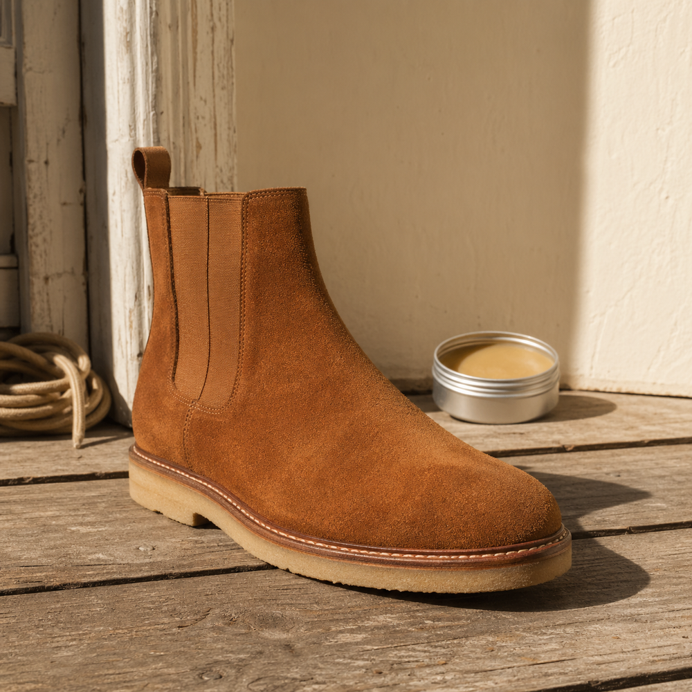 The Yardlow cognac suede chelsea — handmade leather boot, casual everyday crepe