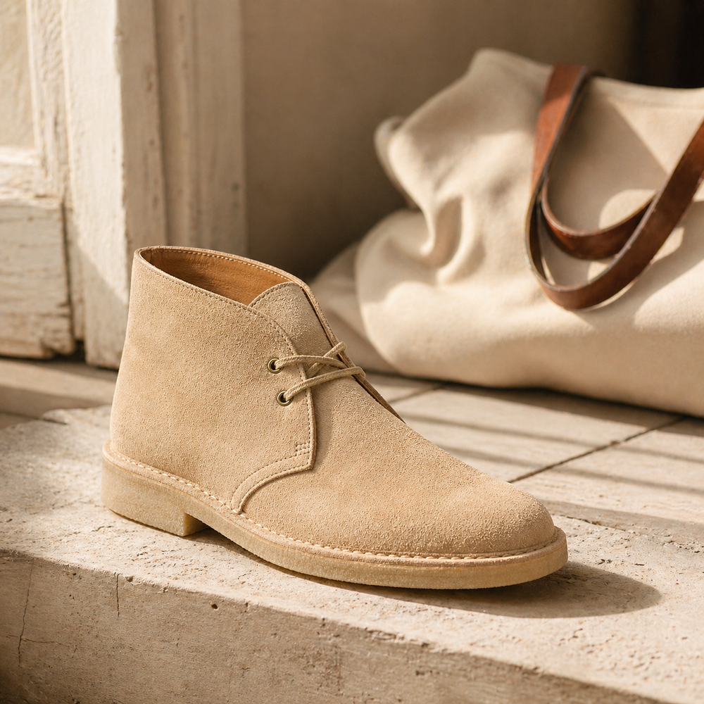 The Atelier sand suede chukka — handmade leather desert boot, casual heritage